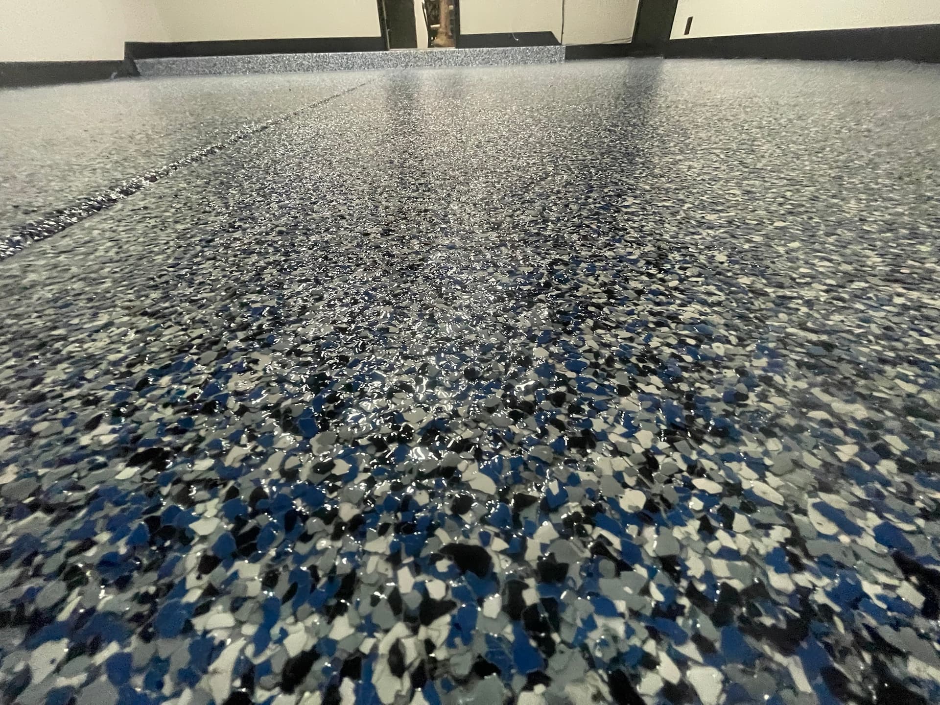 Blue flake garage floor finish